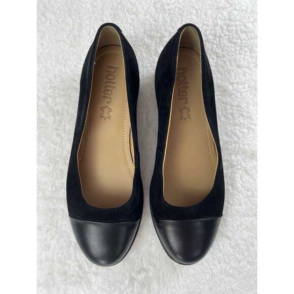 Hotter Shoes Womens 7.5 US Angel Black Suede Leather Wedge Slip On Flats Classic - Picture 1 of 9